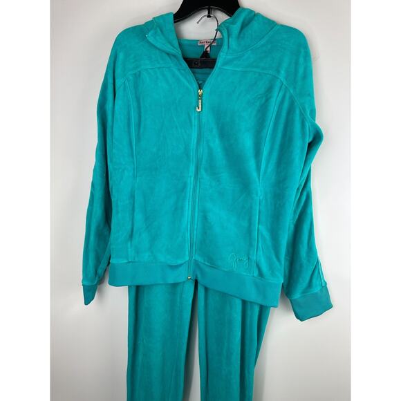 Juicy Couture Y2K Terry Velour Track Jacket Pants Teal Rhinestone J Jogger Set L - Picture 5 of 16